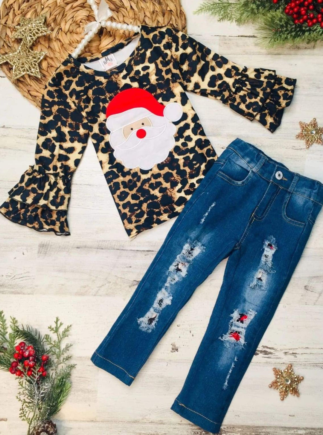 Cute Winter Sets | Girls Leopard Print Santa Top & Patched Jeans Set