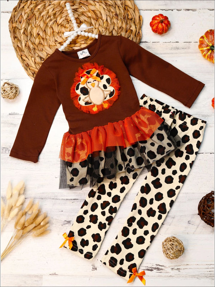 Girls Leopard Turkey Ruffled Peplum Tunic and Leggings Set - Brown / 2T - Girls Thanksgiving Set