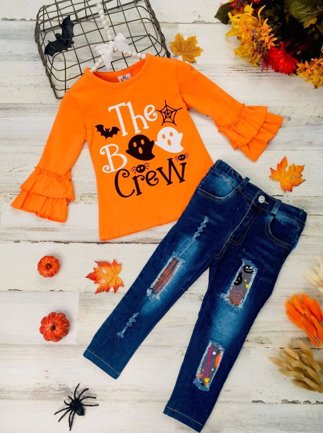 Girls Fall Outfits | Ghost Top & Patched Jeans Set - Mia Belle Girls