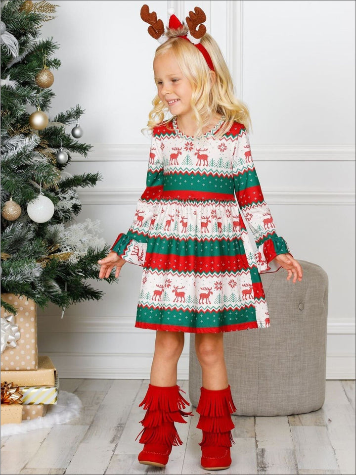 Girls Long Flared Sleeve Moose Print Dress - Girls Christmas Dress