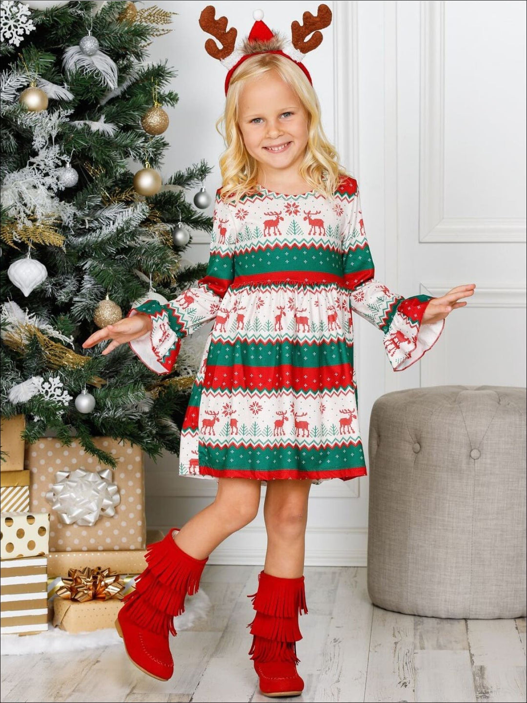 Girls Long Flared Sleeve Moose Print Dress - Girls Christmas Dress