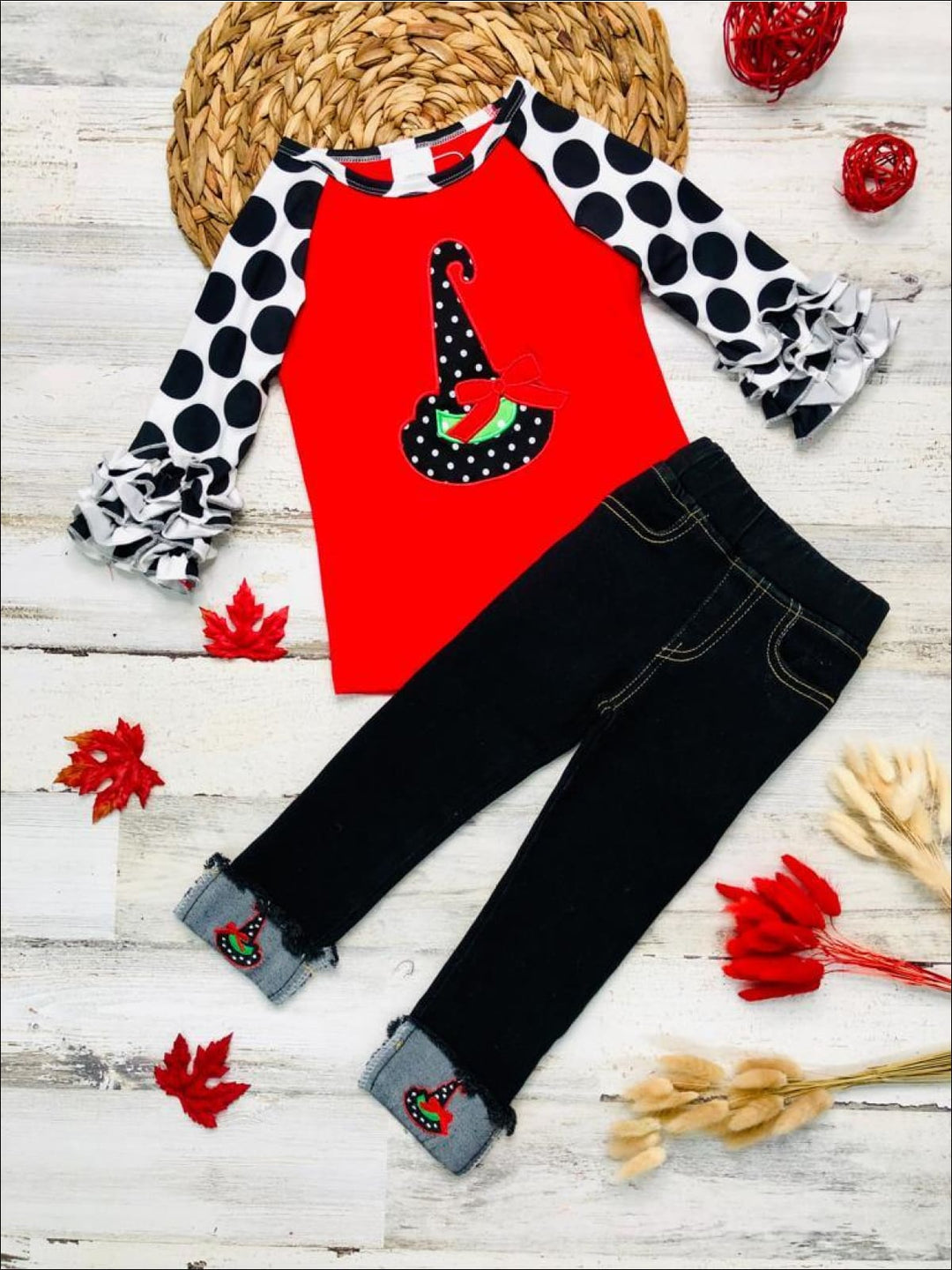 Girls Long Ruffled Raglan Sleeve Top with Candy Corn Cutie & Witch Hat Prints & Applique Cuffed Jeans Set - Girls Halloween Set