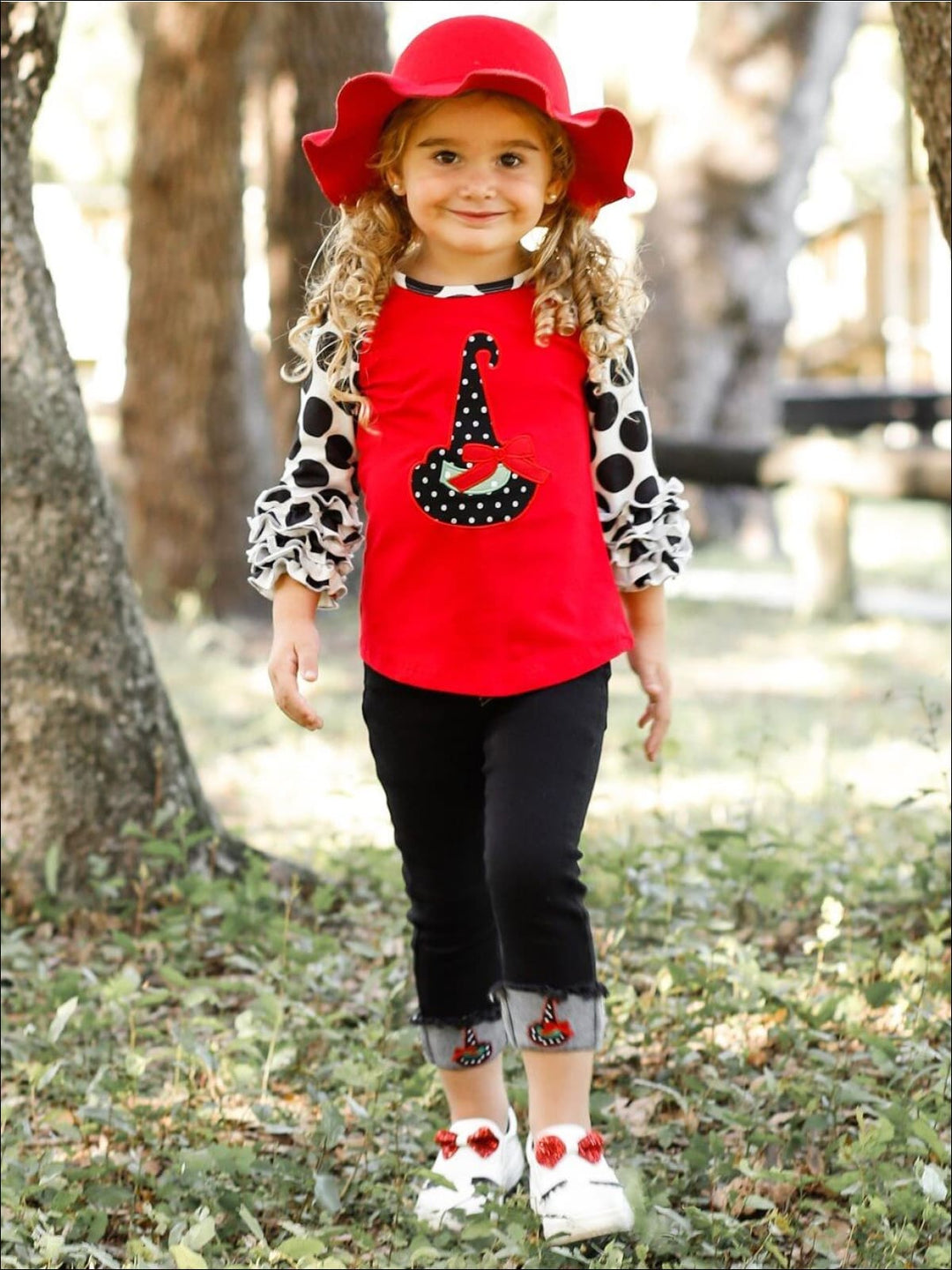 Girls Long Ruffled Raglan Sleeve Top with Candy Corn Cutie & Witch Hat Prints & Applique Cuffed Jeans Set - Girls Halloween Set