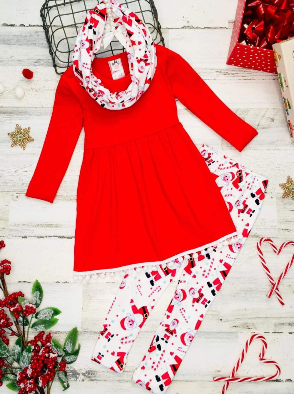 Girls Long Sleeve A-Line Tunic Printed Leggings & Scarf Set - Girls Christmas Set