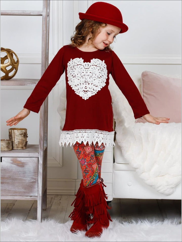 Girls Valentine's Day Outfit | Heart Crochet Hem Tunic & Legging Set