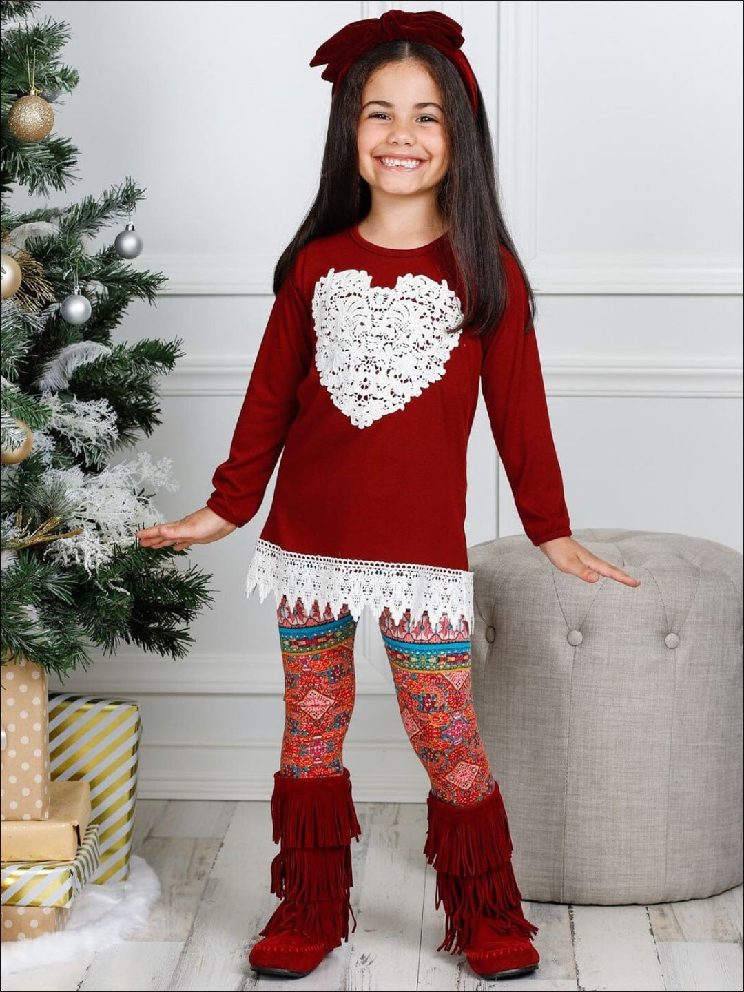 Girls Valentine's Day Outfit | Heart Crochet Hem Tunic & Legging Set