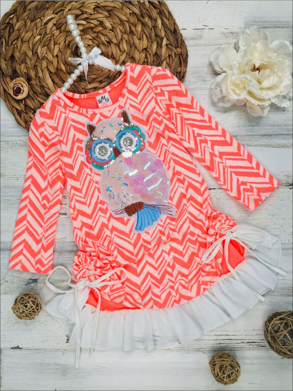 Girls Long Sleeve Drawstring Ruffled Applique Tunic - Girls Fall Top