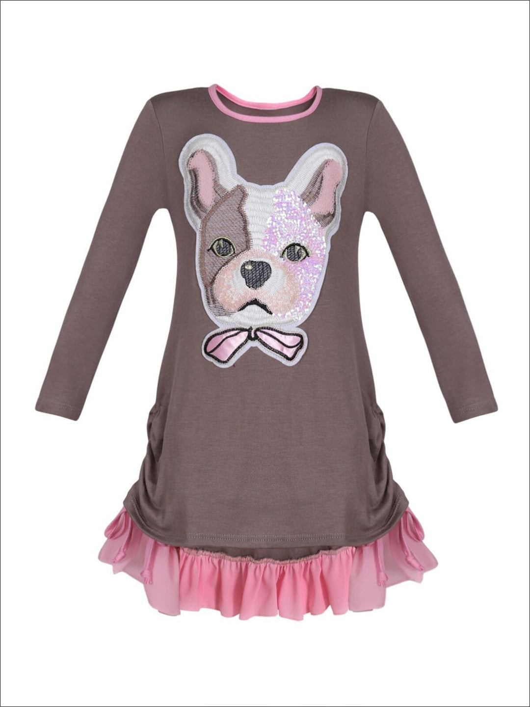 Girls Long Sleeve Drawstring Ruffled Applique Tunic - Taupe / 2T/3T - Girls Fall Top