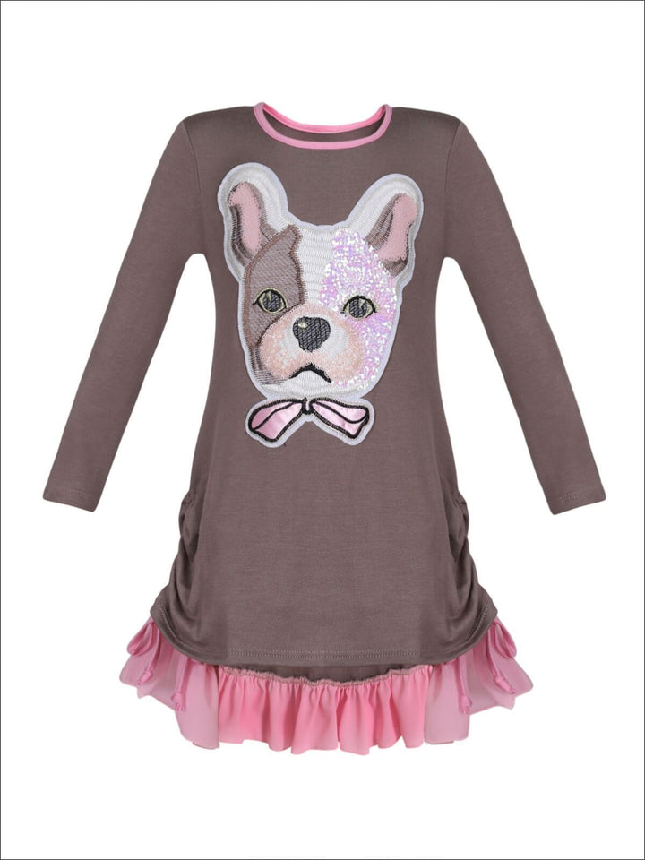 Girls Long Sleeve Drawstring Ruffled Applique Tunic - Taupe / 2T/3T - Girls Fall Top