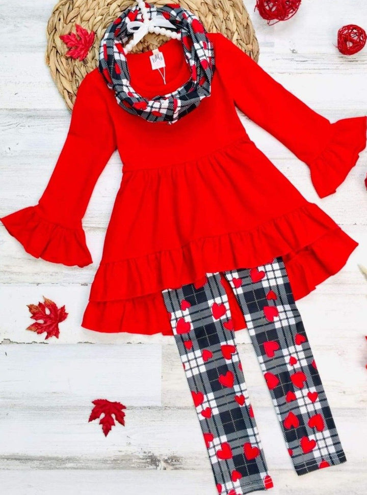 Valentine's Outfits | Girls Hi-Lo Ruffle Tunic, Scarf & Legging Set