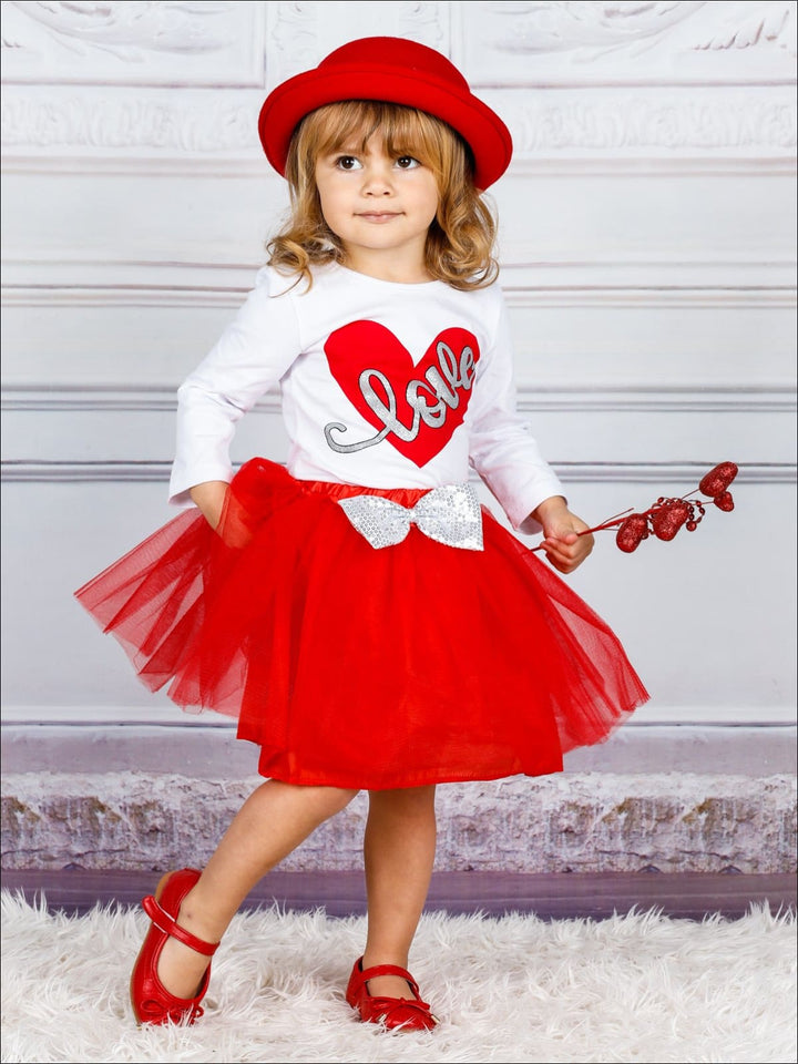 Girls Long Sleeve Love Top & Sequin Bow Tutu Skirt Set - Girls Fall Casual Set