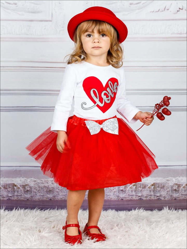 Girls Long Sleeve Love Top & Sequin Bow Tutu Skirt Set - Girls Fall Casual Set