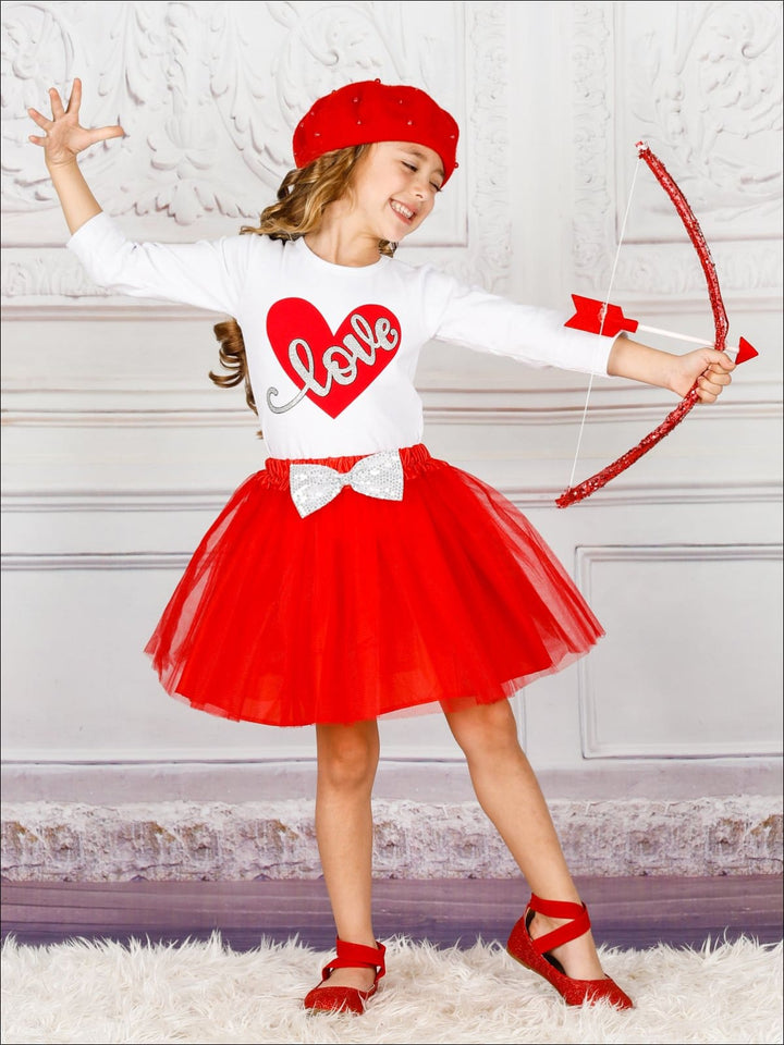 Girls Long Sleeve Love Top & Sequin Bow Tutu Skirt Set - Girls Fall Casual Set