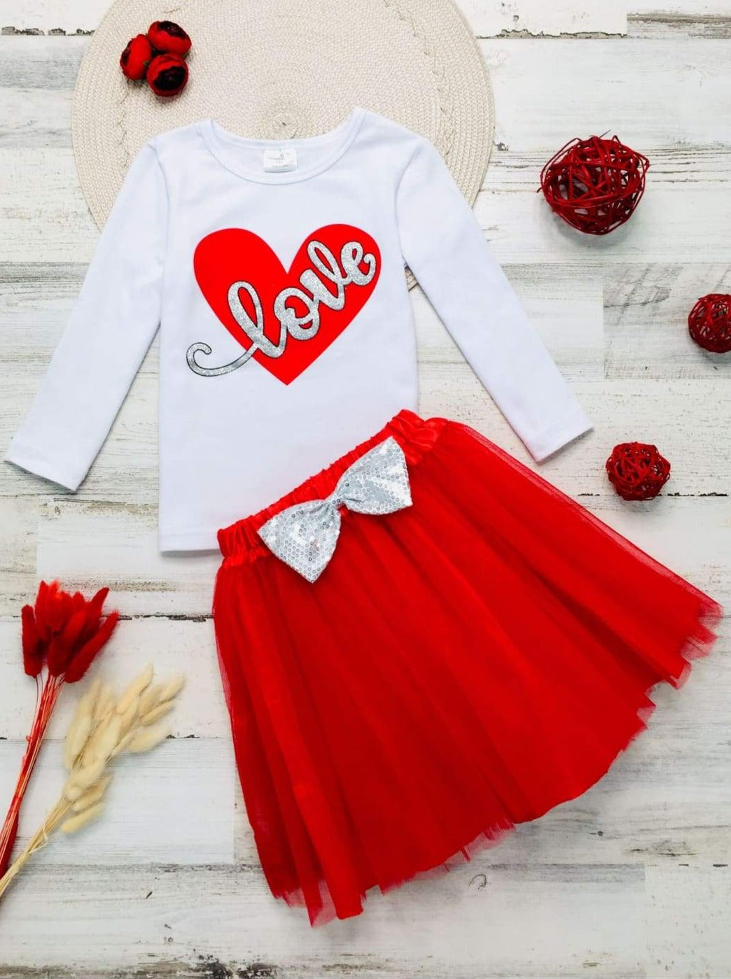 Girls Long Sleeve Love Top & Sequin Bow Tutu Skirt Set - Red / 2T - Girls Fall Casual Set