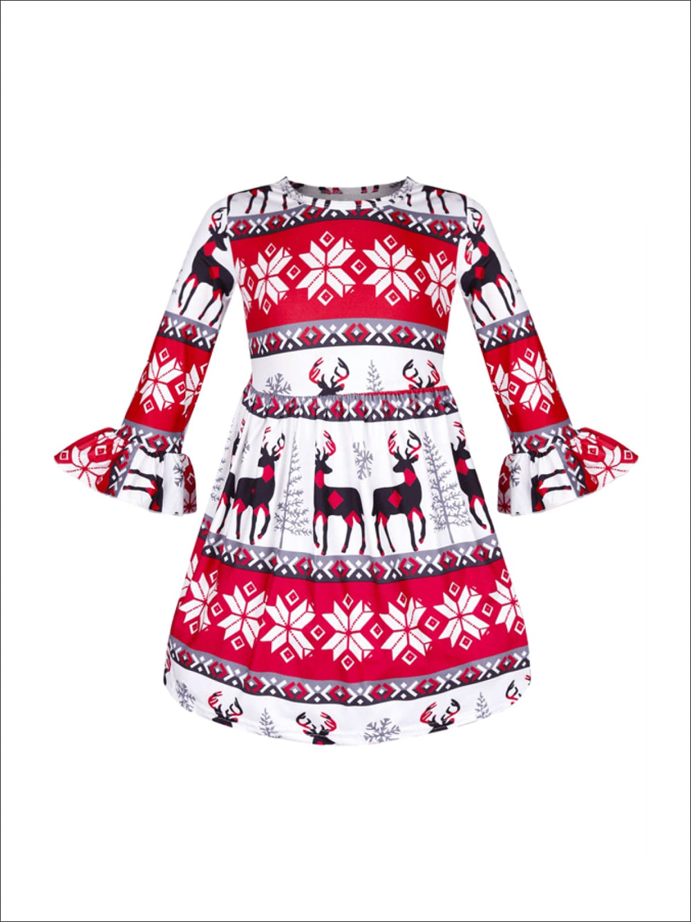 Girls Long Sleeve Moose Print Dress with Bell Sleeves - Red / S-3T - Girls Christmas Dress