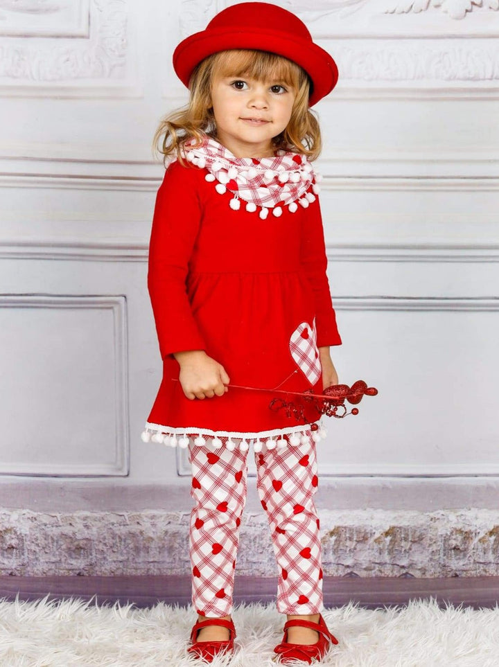 Girls Valentine's Day Outfit | Plaid Heart Tunic, Scarf & Legging Set