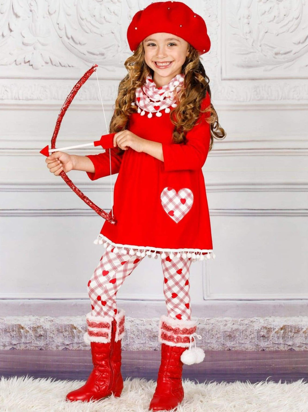 Girls Valentine's Day Outfit | Plaid Heart Tunic, Scarf & Legging Set