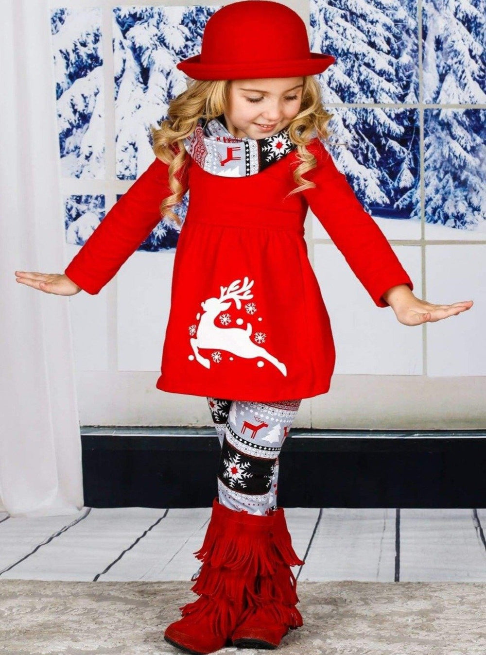 Girls Long Sleeve Reindeer Tunic, Winter Print Leggings & Scarf Set