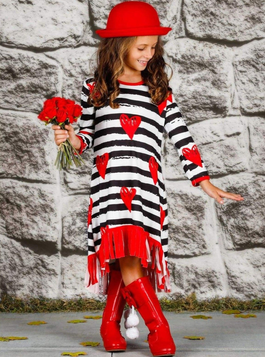 Kids Valentine's Clothes | Little Girls Heart Stripe Fringe Hem Dress