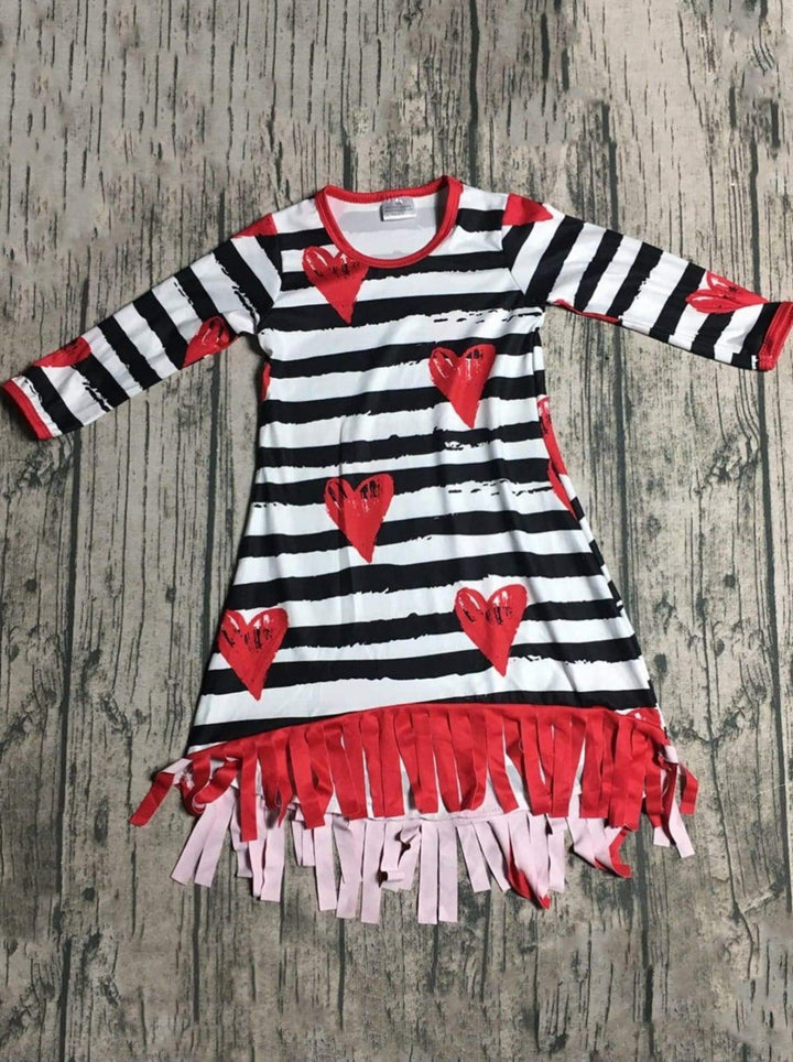 Kids Valentine's Clothes | Little Girls Heart Stripe Fringe Hem Dress