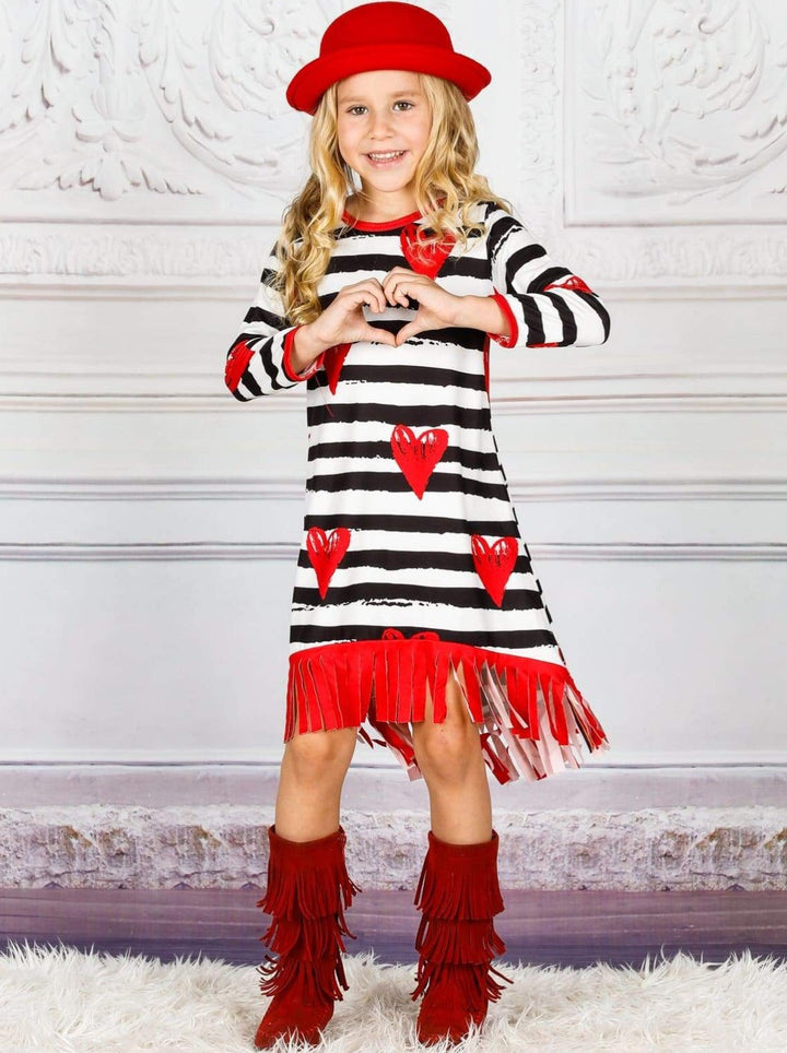 Kids Valentine's Clothes | Little Girls Heart Stripe Fringe Hem Dress