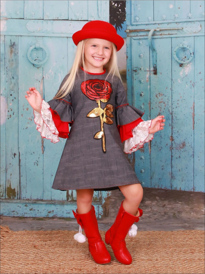 Girls Long Tiered Ruffled Sleeve Dress with Floral Trim - Girls Fall Dressy Dress