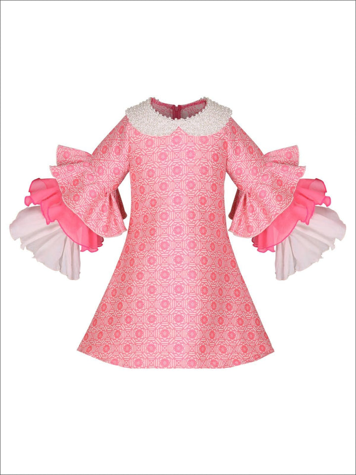 Girls Long Tiered Ruffled Sleeve Dress with Floral Trim - Pink / 2T-3T - Girls Fall Dressy Dress