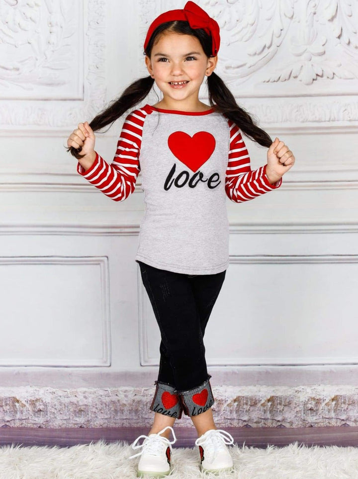 Toddler Valentine's Clothes | Stripe Raglan Top & Cuffed Jeans Set