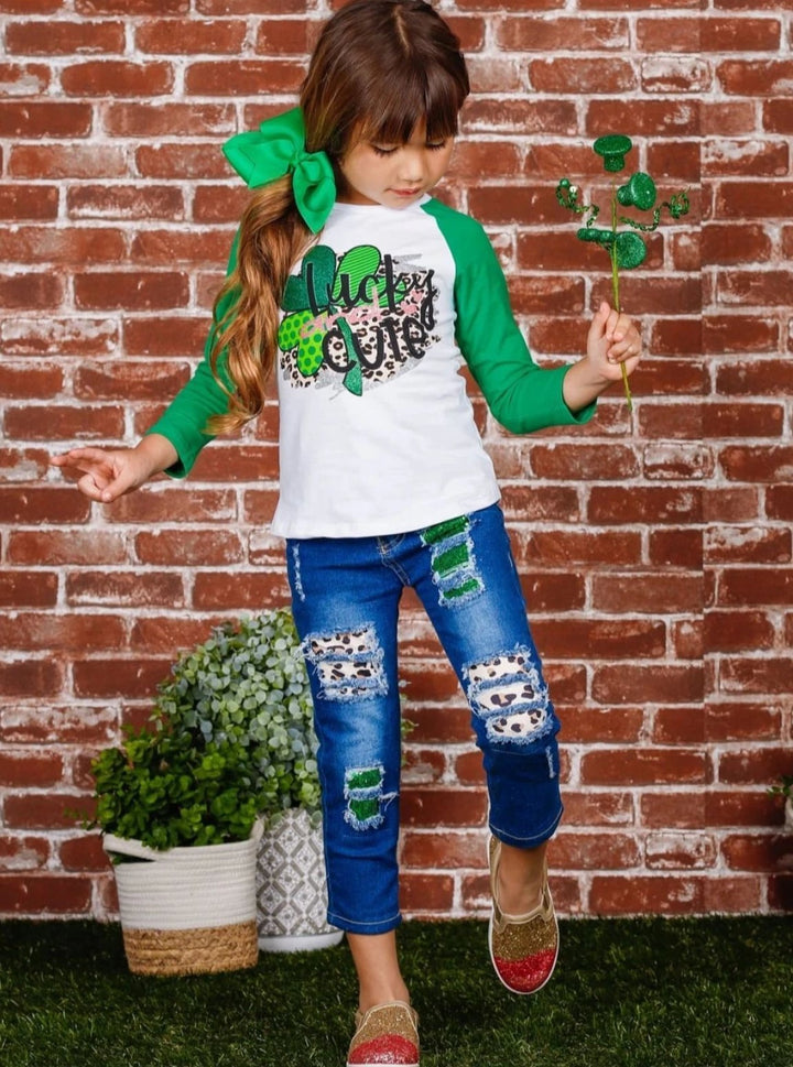 St. Patrick's Day Clothes | Girls Lucky & Cute Top & Patched Jeans Set