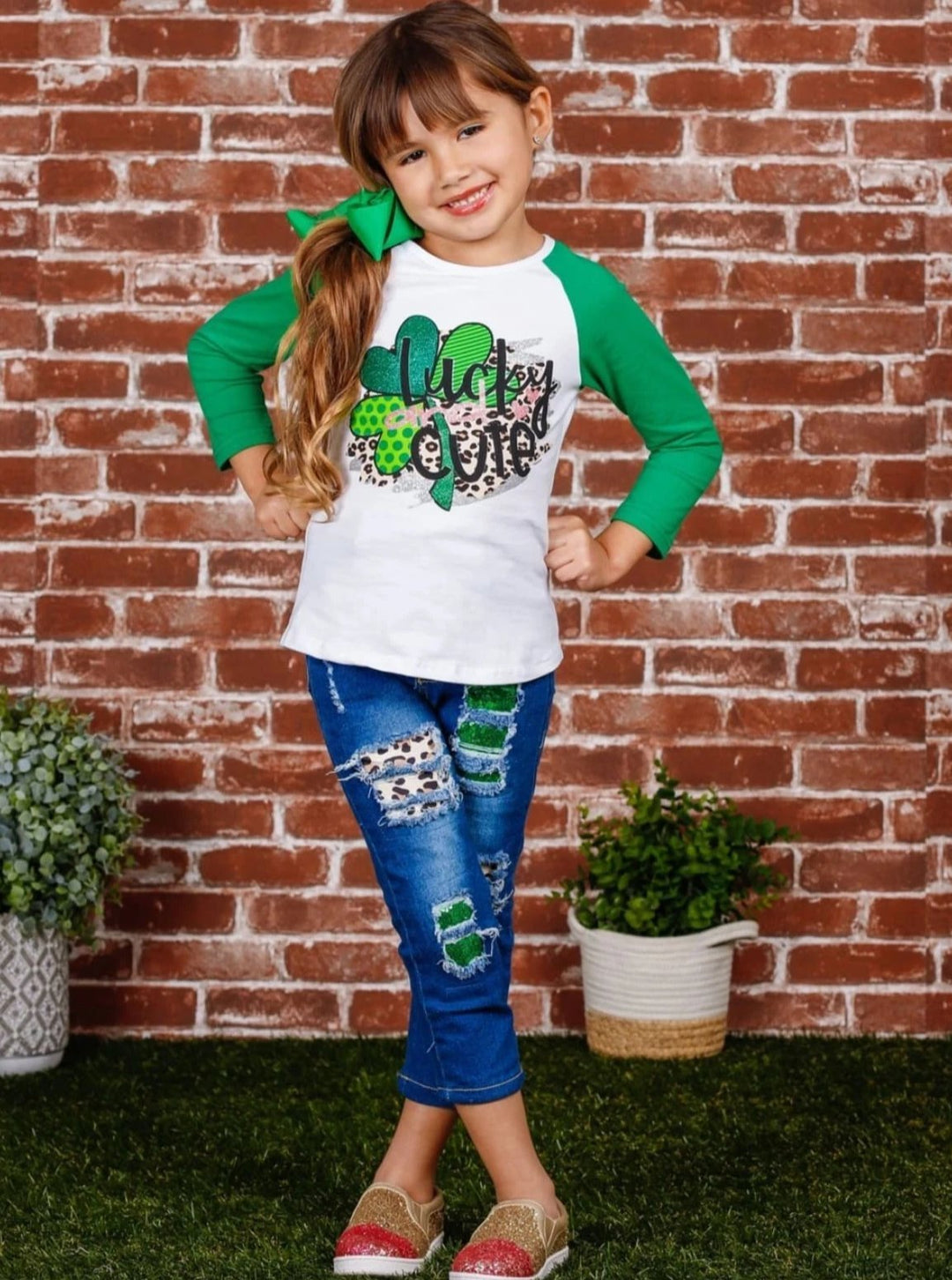 St. Patrick's Day Clothes | Girls Lucky & Cute Top & Patched Jeans Set