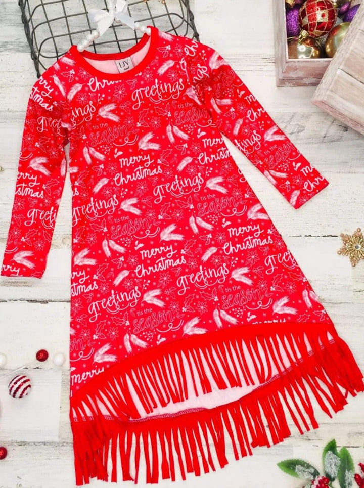 Cute Winter Dresses | Girls Season Greetings Fringe Hem Dress