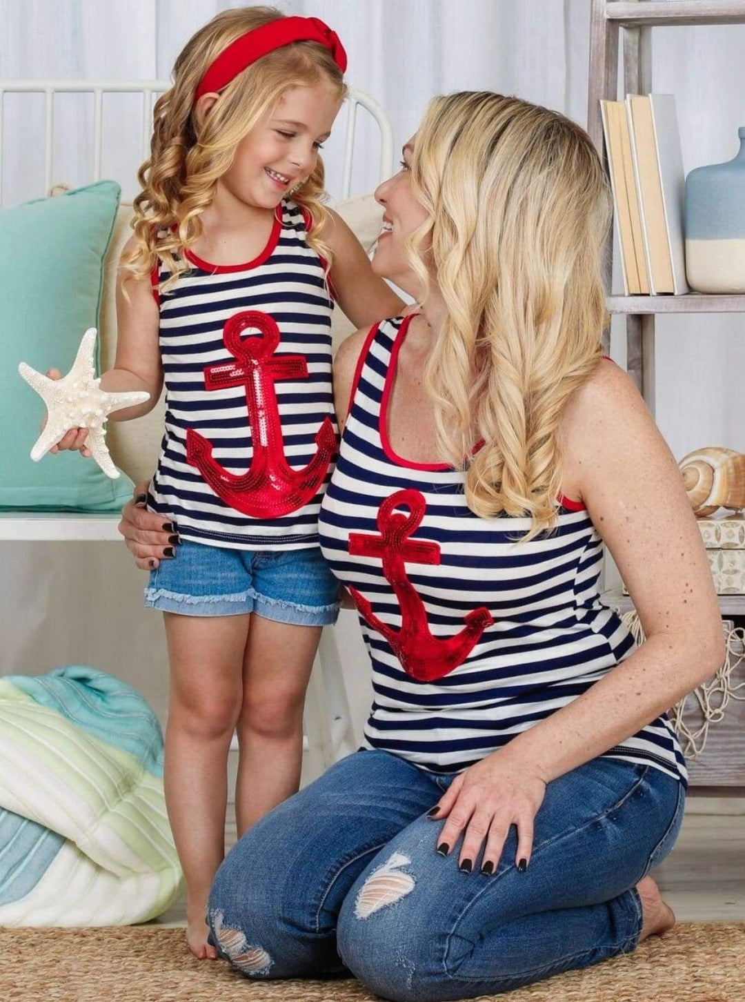 Girls Mommy & Me Striped Sequin Anchor Applique Tank Top - Mommy & Me Top