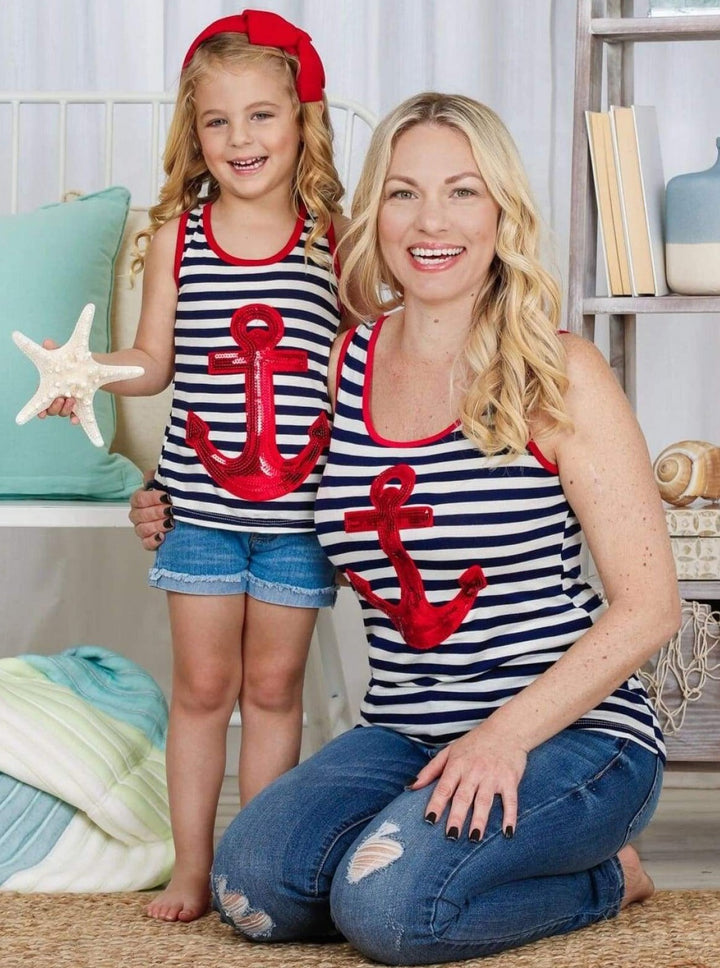 Girls Mommy & Me Striped Sequin Anchor Applique Tank Top - Mommy & Me Top