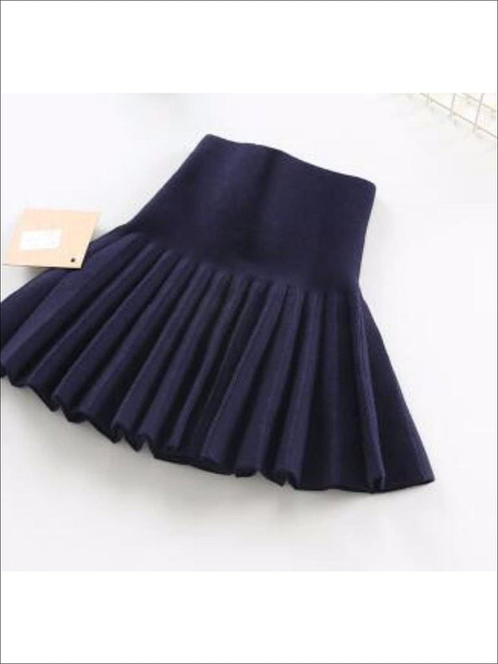 Little Girls Navy Large Waistband Pleated Mini Skirt - Mia Belle Girls