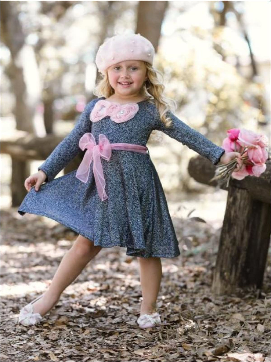 Girls Navy Shimmer Sparkle Sweater Dress with Pink Belt & Pink Bow Detail - Girls Fall Dressy Dressy