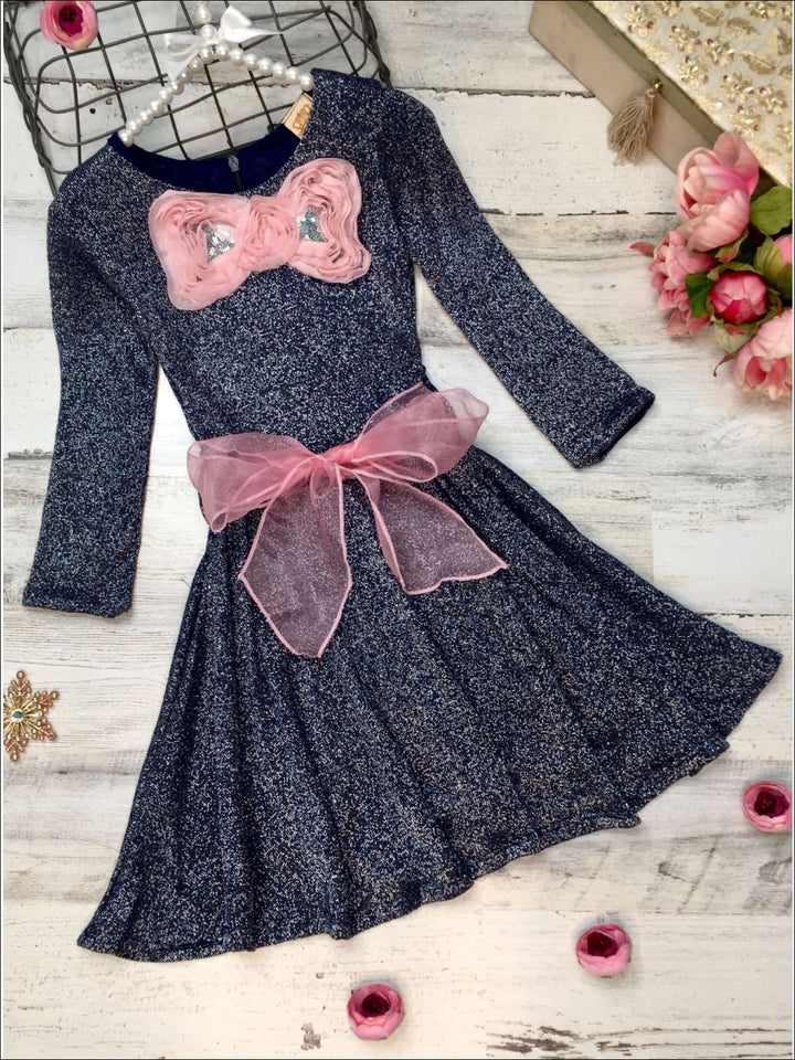 Girls Navy Shimmer Sparkle Sweater Dress with Pink Belt & Pink Bow Detail - 3T / Navy - Girls Fall Dressy Dressy