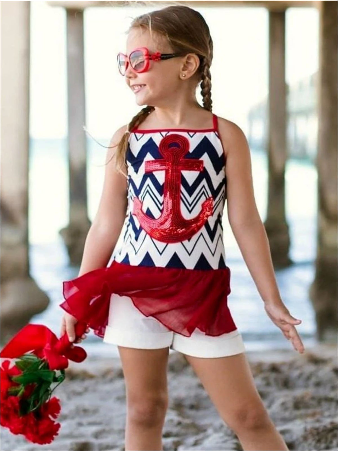 Girls Navy/White/Red Hi-Low Ruffled Tank Top - Girls Spring Top