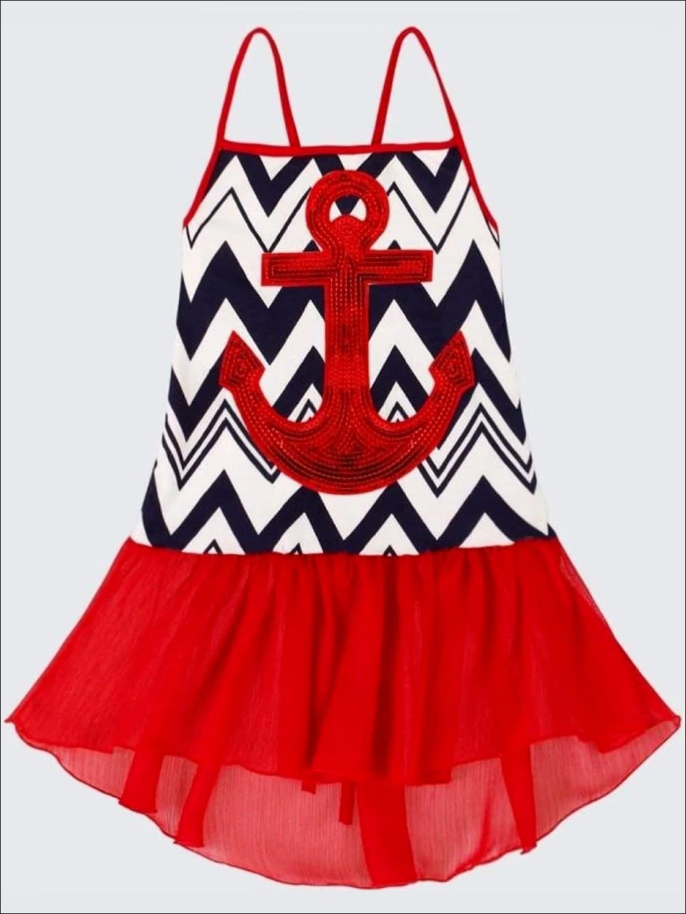 Girls Navy/White/Red Hi-Low Ruffled Tank Top - Navy/White/Red / 2T/3T - Girls Spring Top