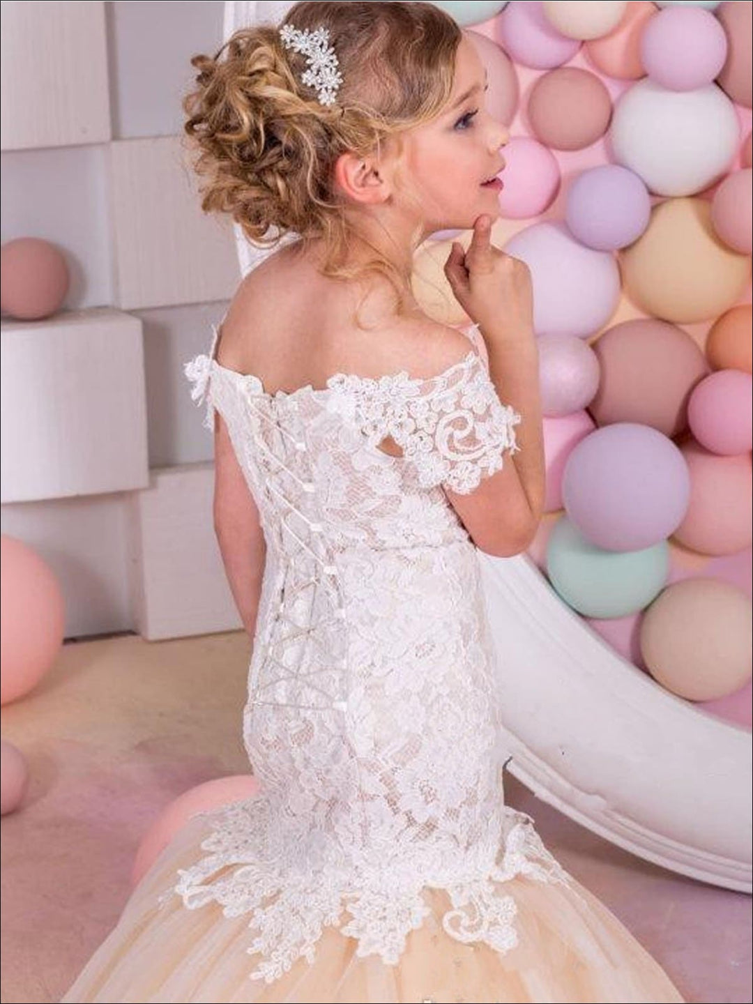 Girls Communion Dresses | Off Shoulder Lace Mermaid Flower Girl Gown