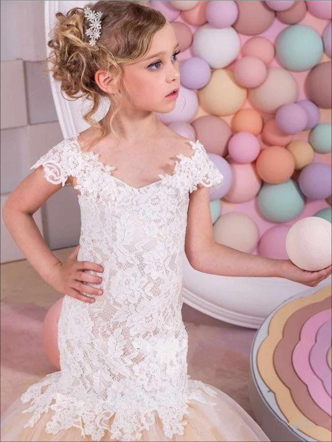 Girls Communion Dresses | Off Shoulder Lace Mermaid Flower Girl Gown