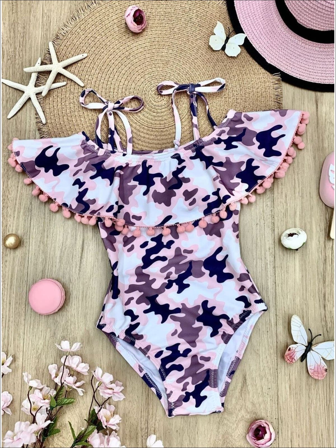 One Piece Girls Swimsuit | Camouflage Pom Pom Ruffle Bib Swimsuit