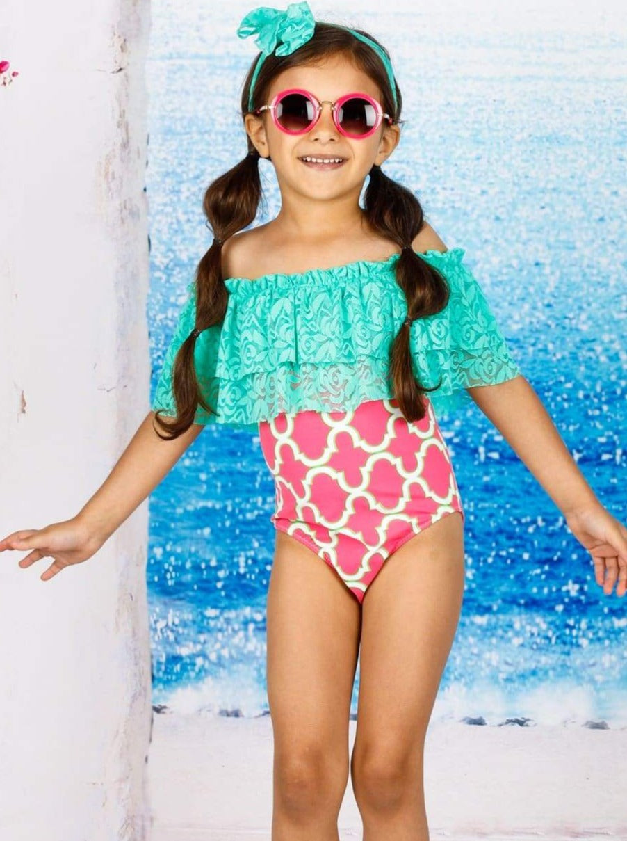 Kids Swimsuits | Little Girls Lace Ruffle Shoulder One Piece Swimsuit