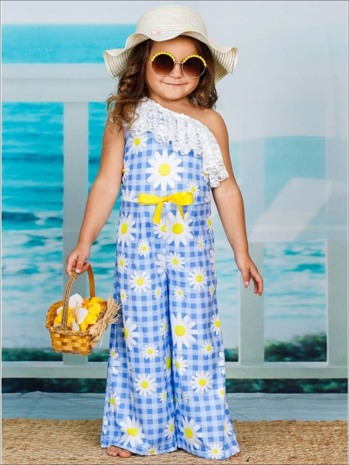 Toddler Spring Outfits | Girls Lace Bib One Shoulder Palazzo Jumpsuit