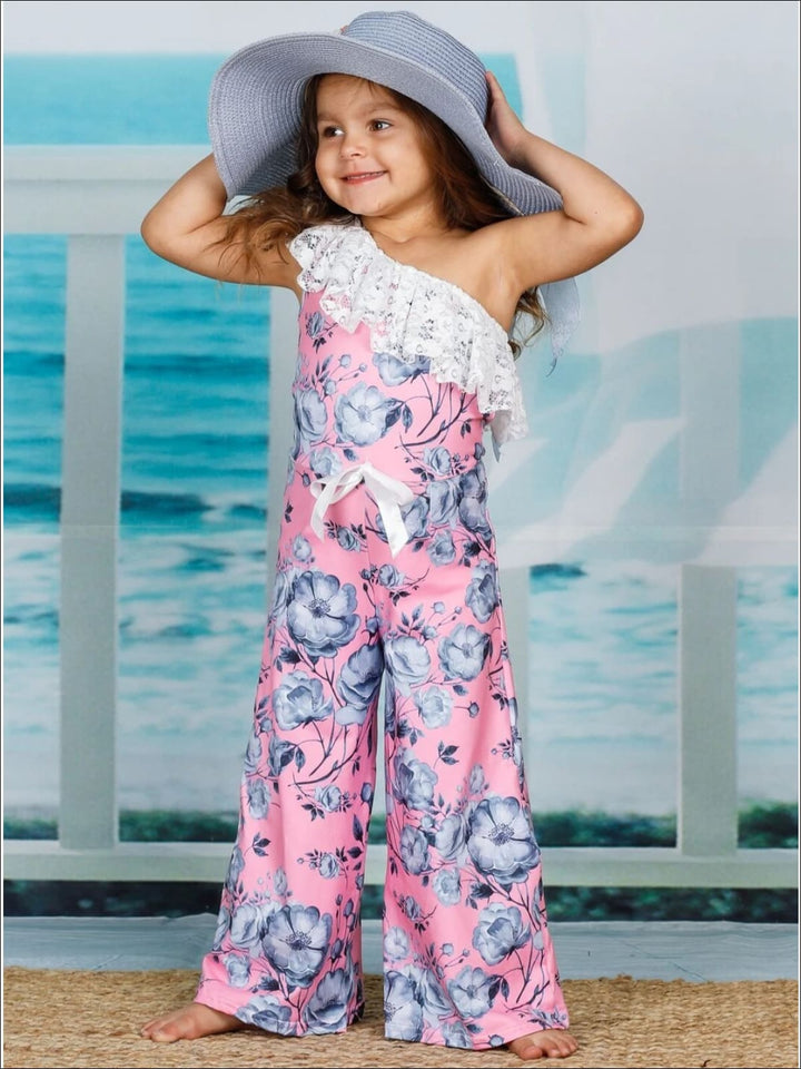 Toddler Spring Outfits | Girls Lace Bib One Shoulder Palazzo Jumpsuit