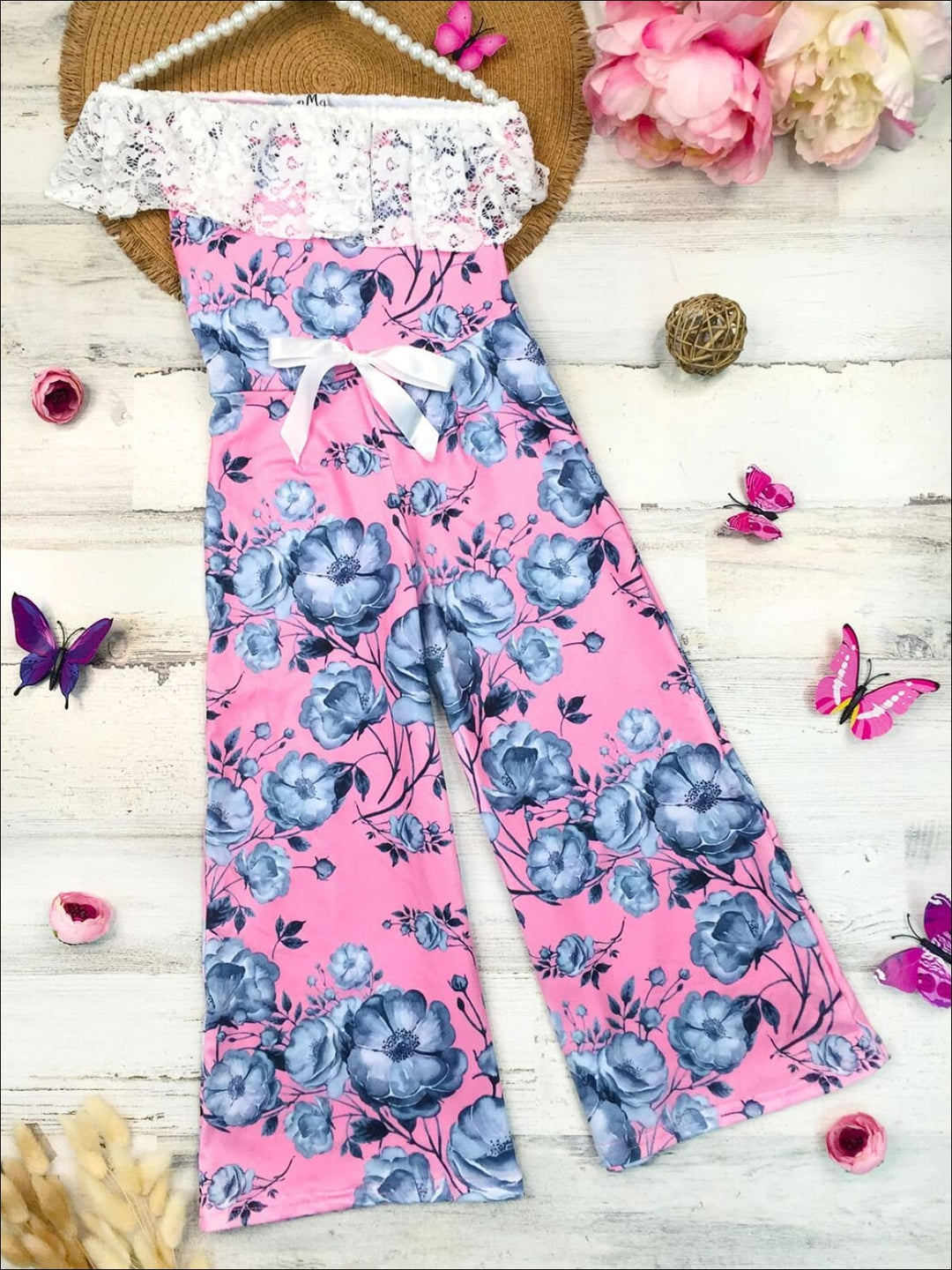 Toddler Spring Outfits | Girls Lace Bib One Shoulder Palazzo Jumpsuit