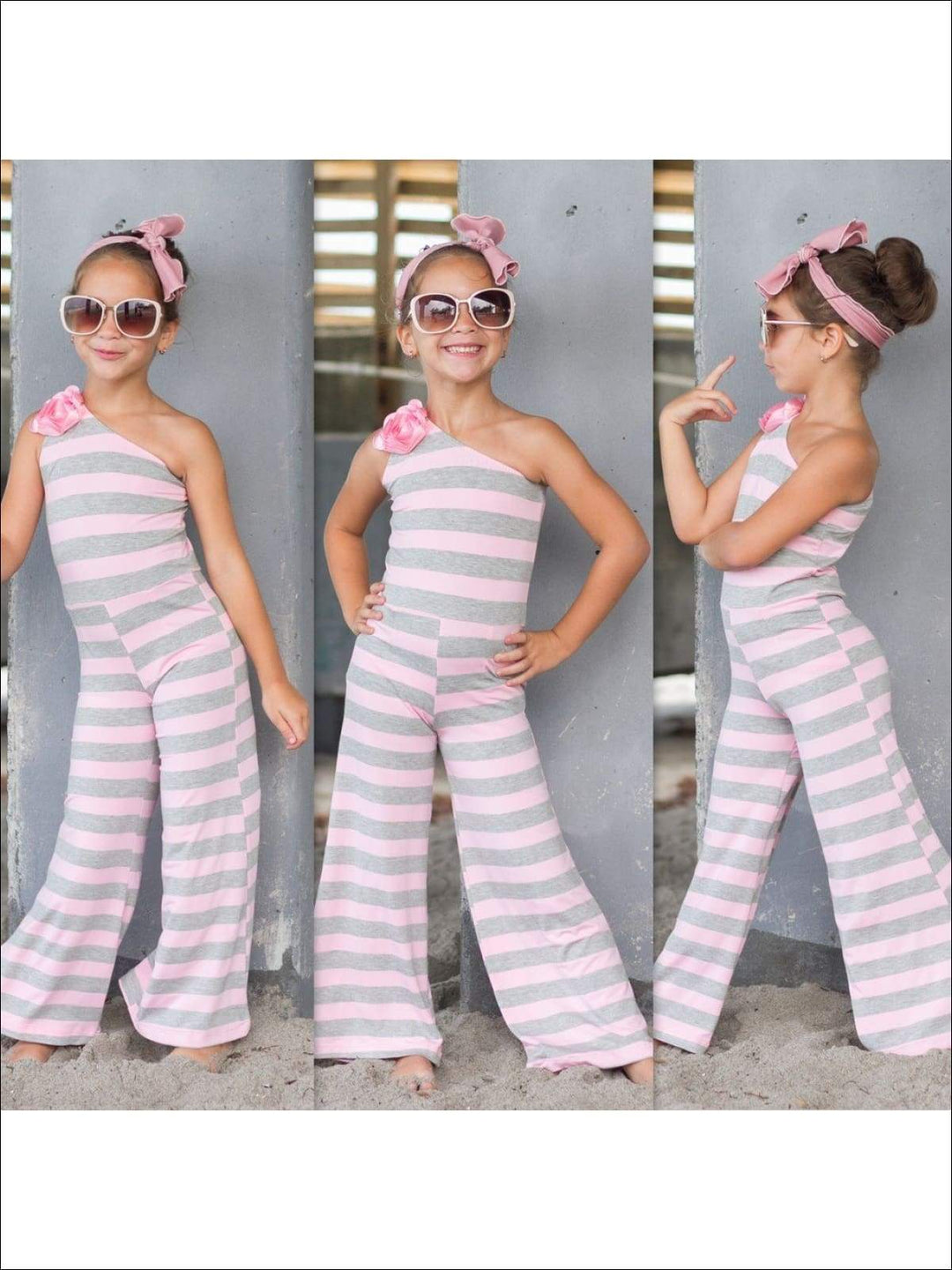 Girls Flower Accent One Shoulder Palazzo Jumpsuit | Mia Belle Girls