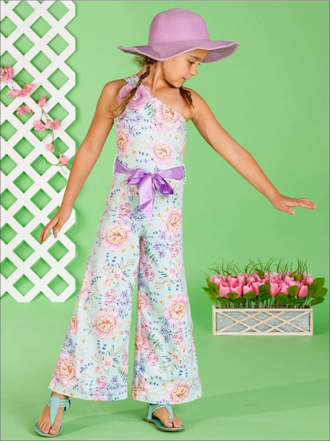 Girls Flower Accent One Shoulder Palazzo Jumpsuit | Mia Belle Girls