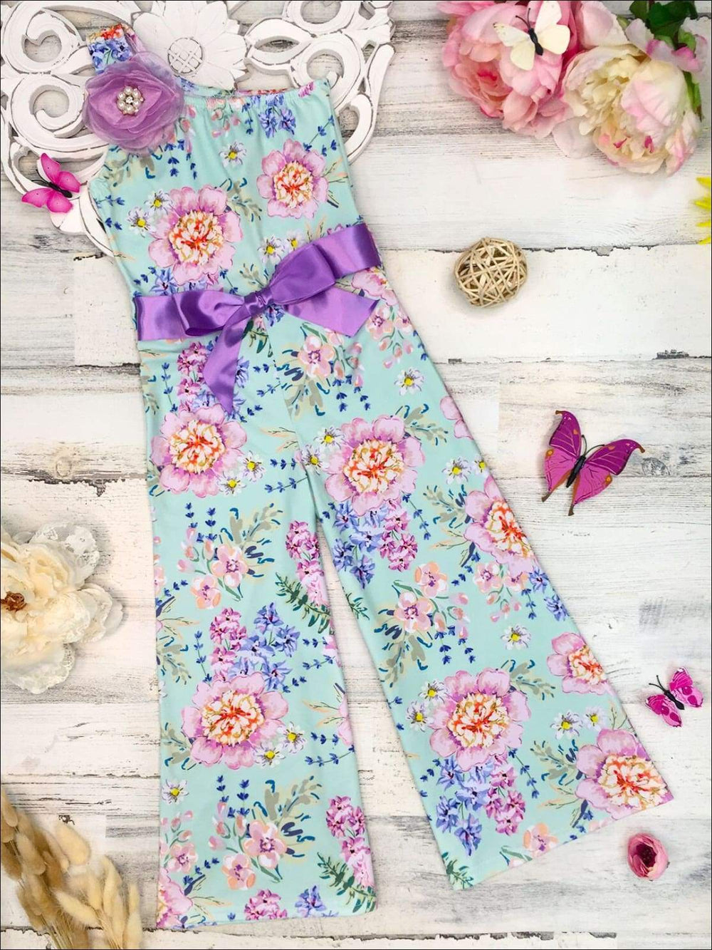 Girls Flower Accent One Shoulder Palazzo Jumpsuit | Mia Belle Girls