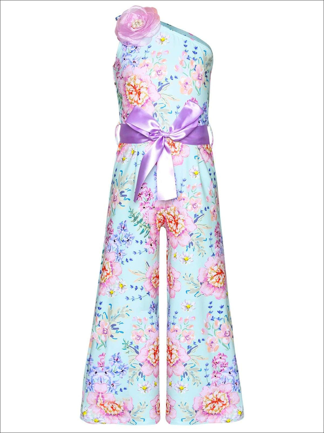 Girls Flower Accent One Shoulder Palazzo Jumpsuit | Mia Belle Girls