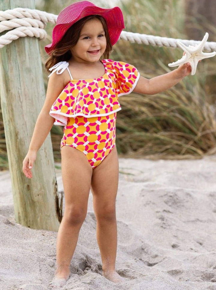 Kids Swimsuits | Girls One Shoulder Ruffle Printed One Piece Swimsuit